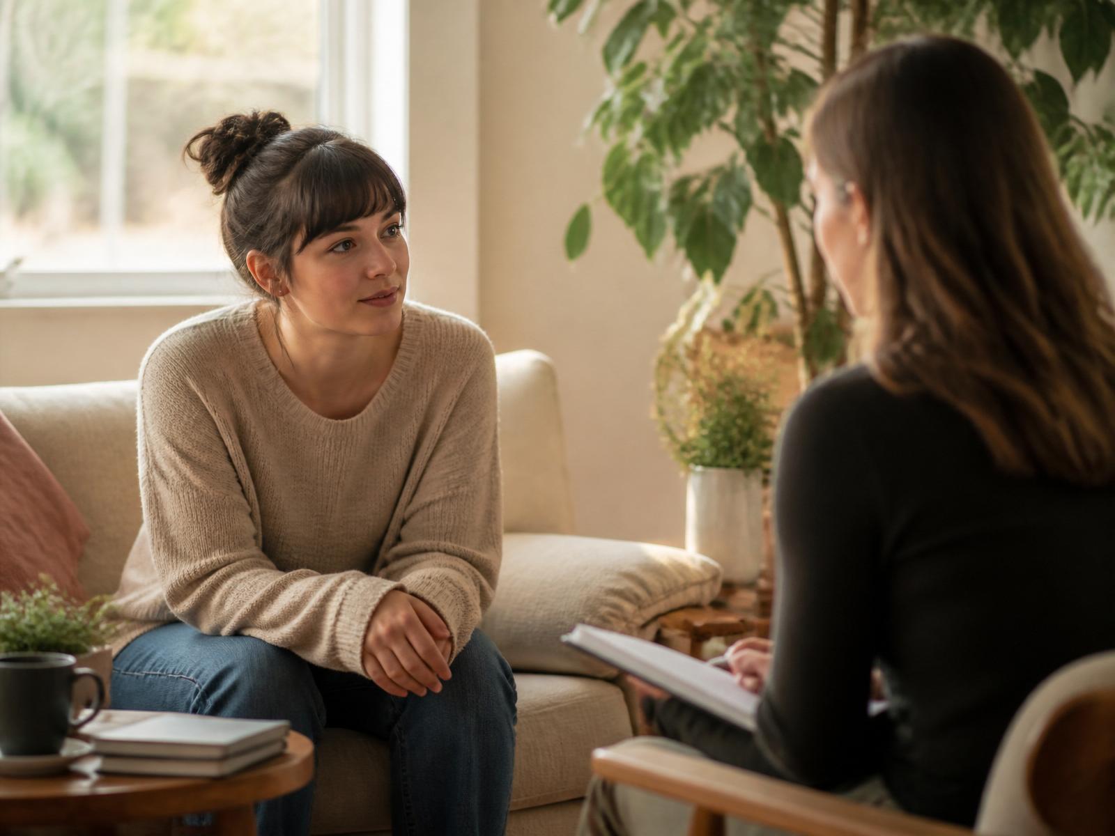 Dos personas en una conversación cálida junto a una ventana